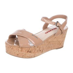 Prada Sport Patent Leather Sandals Cork Wedge EUC